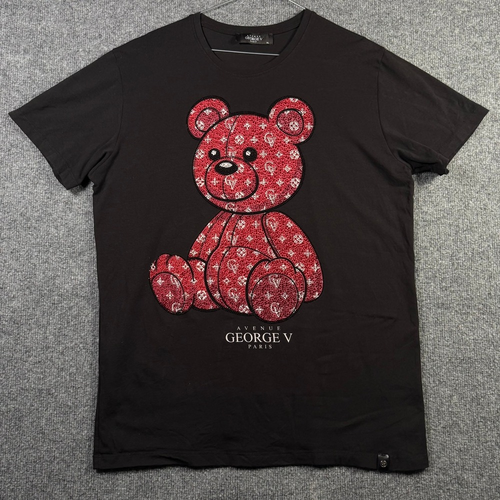 Avenue George V T-Shirt Mens XL Black Red Rhinestone Teddy Bear Monogram Tee